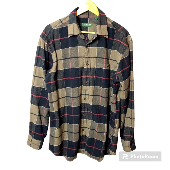 Orvis Other - Orvis Flannel Shacket Mens Size Large Heavy Cotton Plaid Brown Outdoors Gorpcore